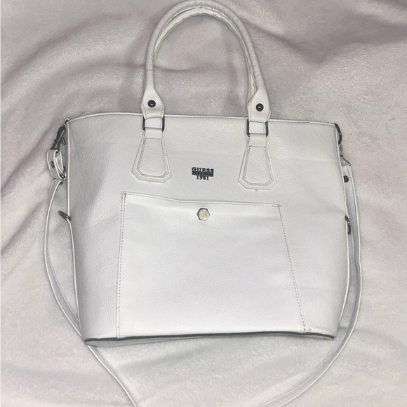 Guess Vintage Elegant White large Handbag / Tote Book Bag purse Faux Leather - Picture 2 of 14